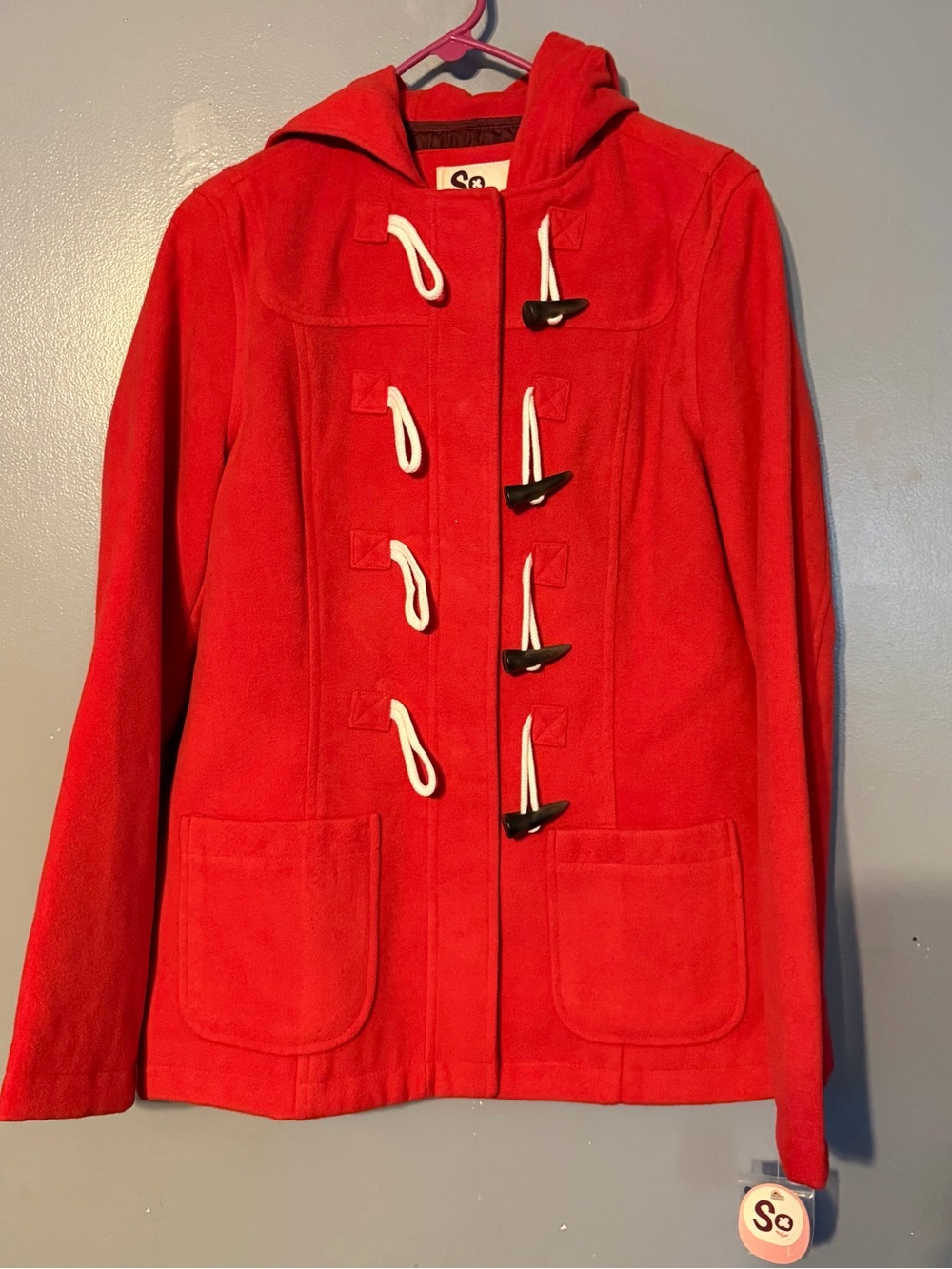 SO Red Toggle Front Hooded Peacoat Jacket Size Large NWT